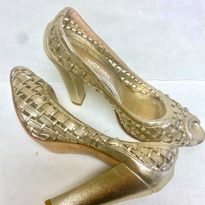 LUCA LUCA Woven Leather Peep Toe Pumps METALLIC GOLD Size 38